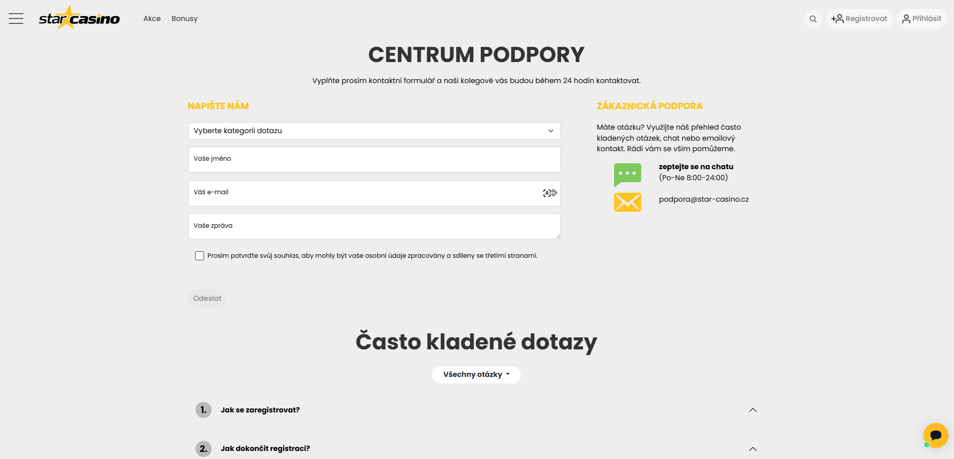 Star Casino Podpora